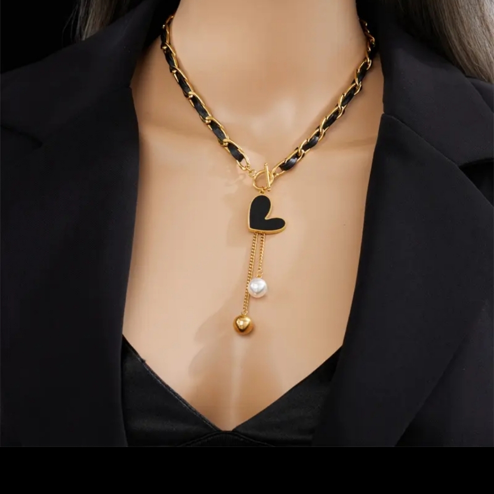 Elegant Stainless Steel Black and Gold Heart Pendant Necklace